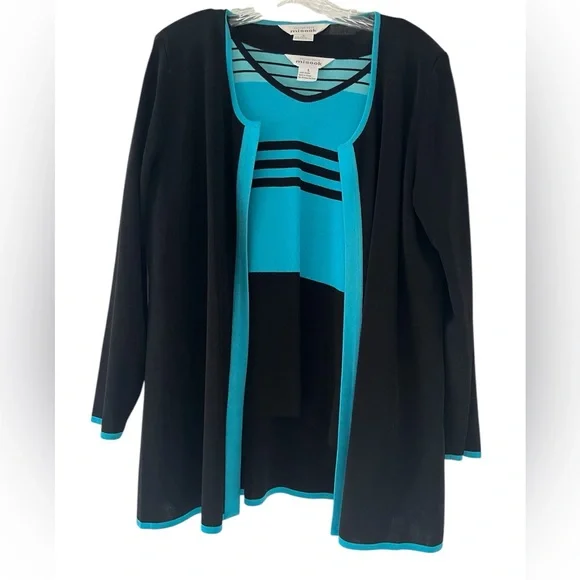 Misook 2 Piece Set Black Teal Blue Cardigan & Sweater Stripe Top Twin Set Large - Picture 1 of 5